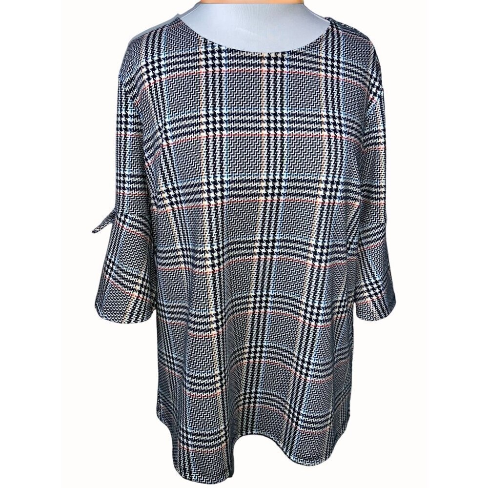 Jules & Leopold quarter peplum sleeve black plaid herringbone keyhole top Large